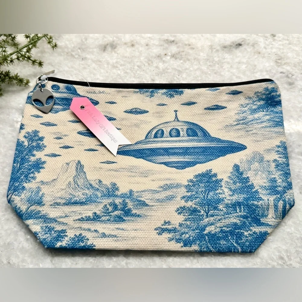 New UFO / UAP Sci-Fi Blue & Cream Makeup Tech Pencil Bag w/ Alien Charm 9.5”
